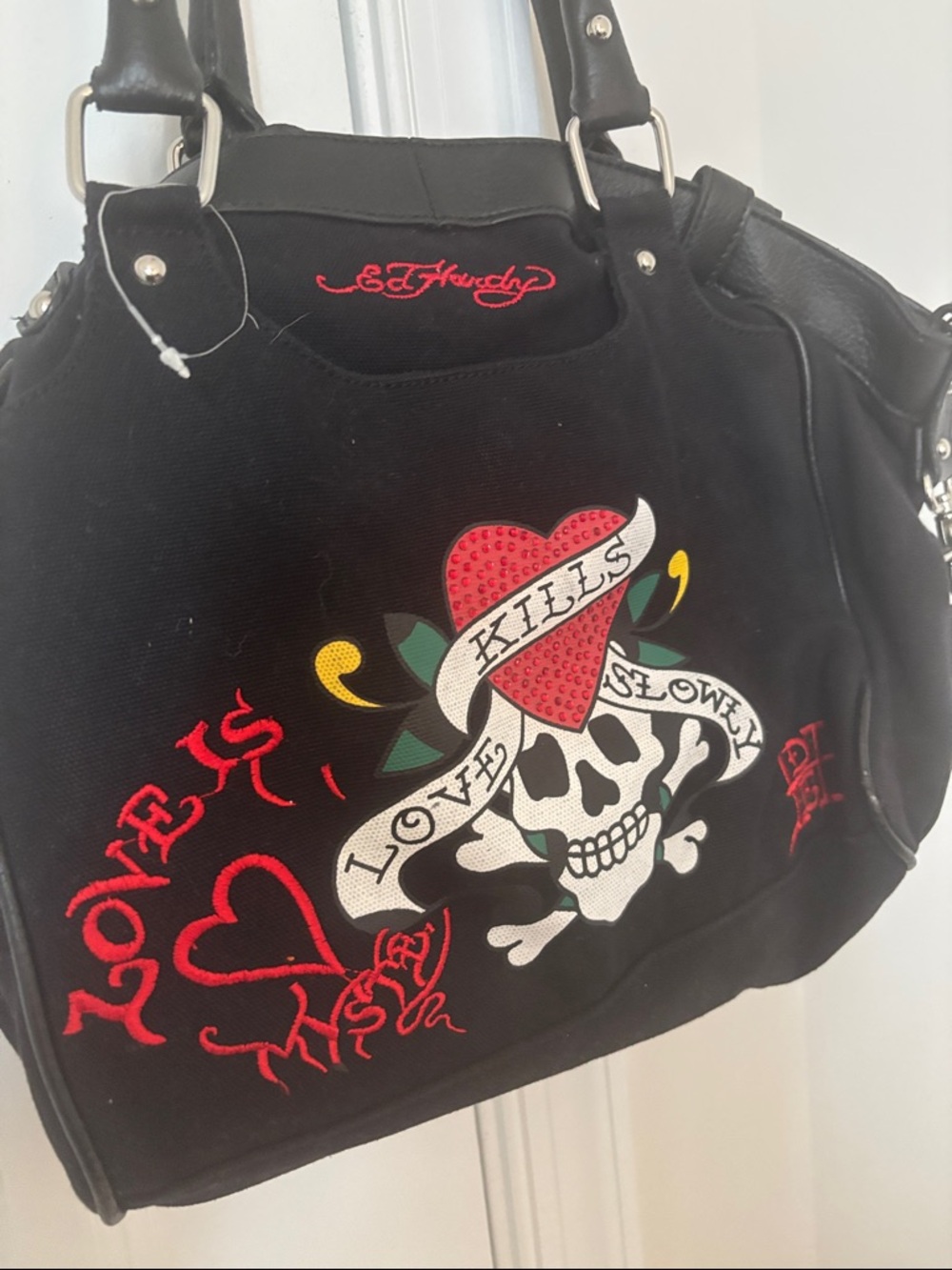 Ed Hardy Y2K Summer bag Black Satchel with Red Heart Skull Graphic - Picture 3 of 10